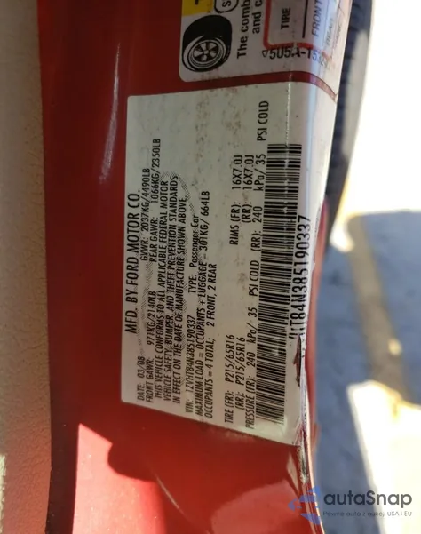 2008 Ford Mustang из США, поврежденный, VIN 1ZVHT84N385190337